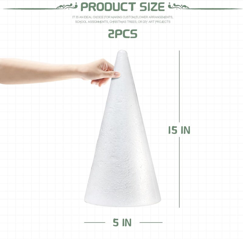 AHKUNMT 2 Pack Craft Foam Tree Cones, 15x5in Styrofoam Cones for Craft, White Large Polystyrene Foam Cones for Craft Use for DIY Art Projects, Christmas Tree Holiday Decor and Holiday Gnomes (15 * 5in-2pc) - Image 2
